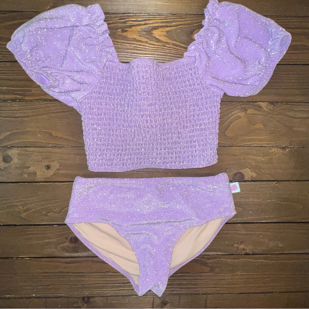 Disney Little Mermaid Girls Swimsuit Lavender Glitter Set Large 10/12 GUC